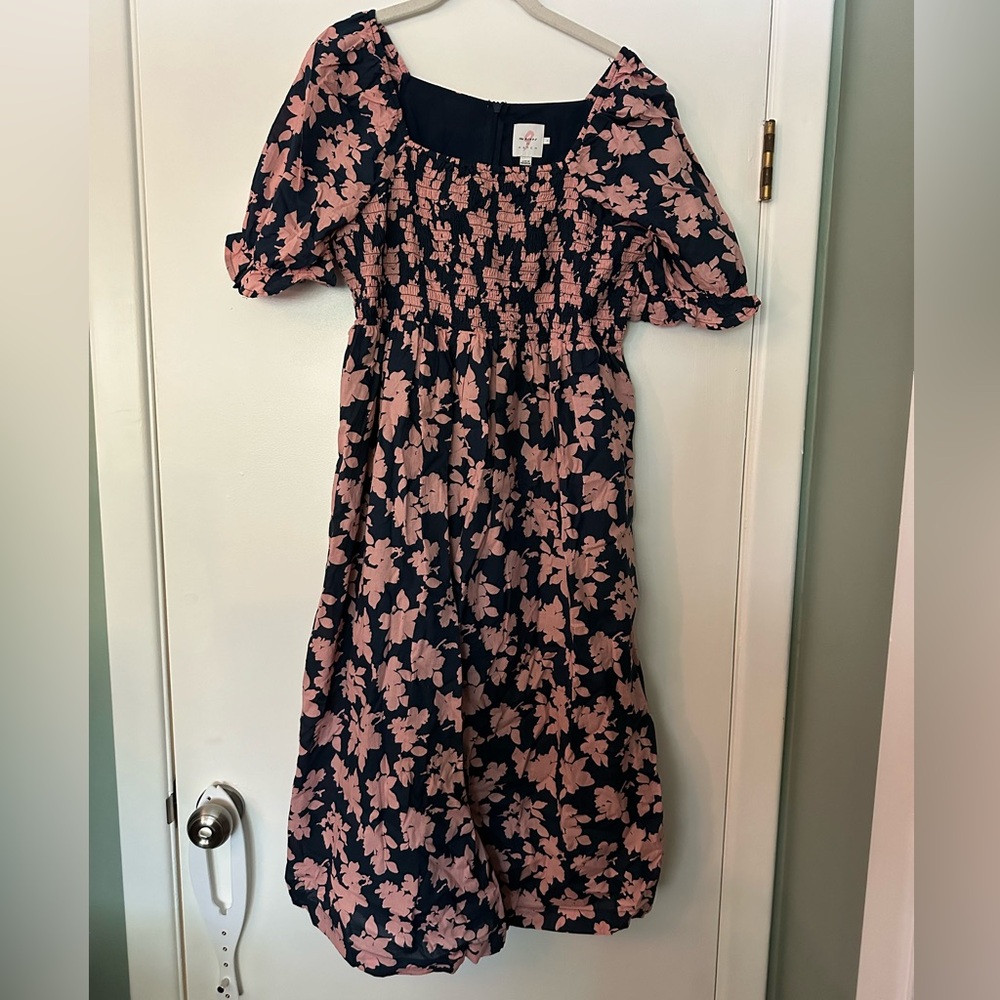 The Nines by HATCH Navy and Pink Floral Maternity Midi Dress